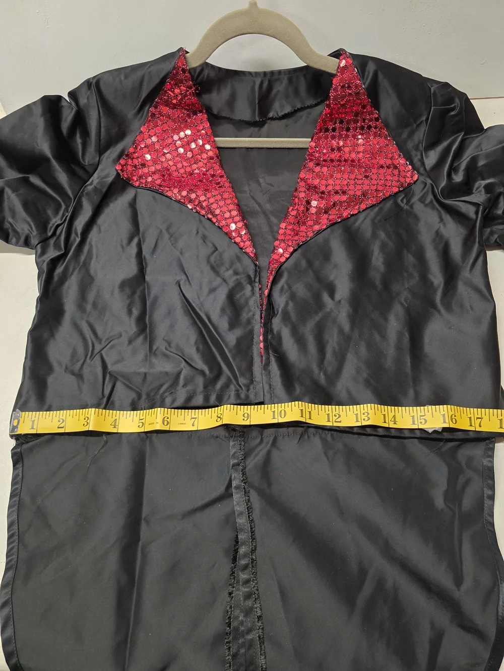 Vintage Style 70s Disco Showman Costume Red Sequin Shorts Black Tailcoat Adult